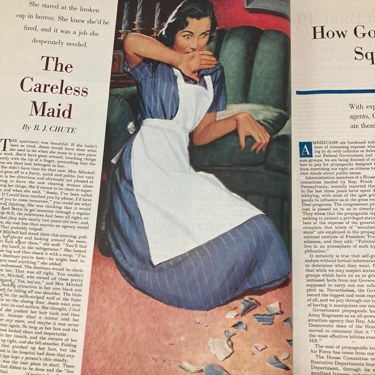 Illustration for the short story 'The Careless Maid' featured in the Saturday Evening Post June 9 1951, depicting a maid reacting to a broken cup in a living room setting.