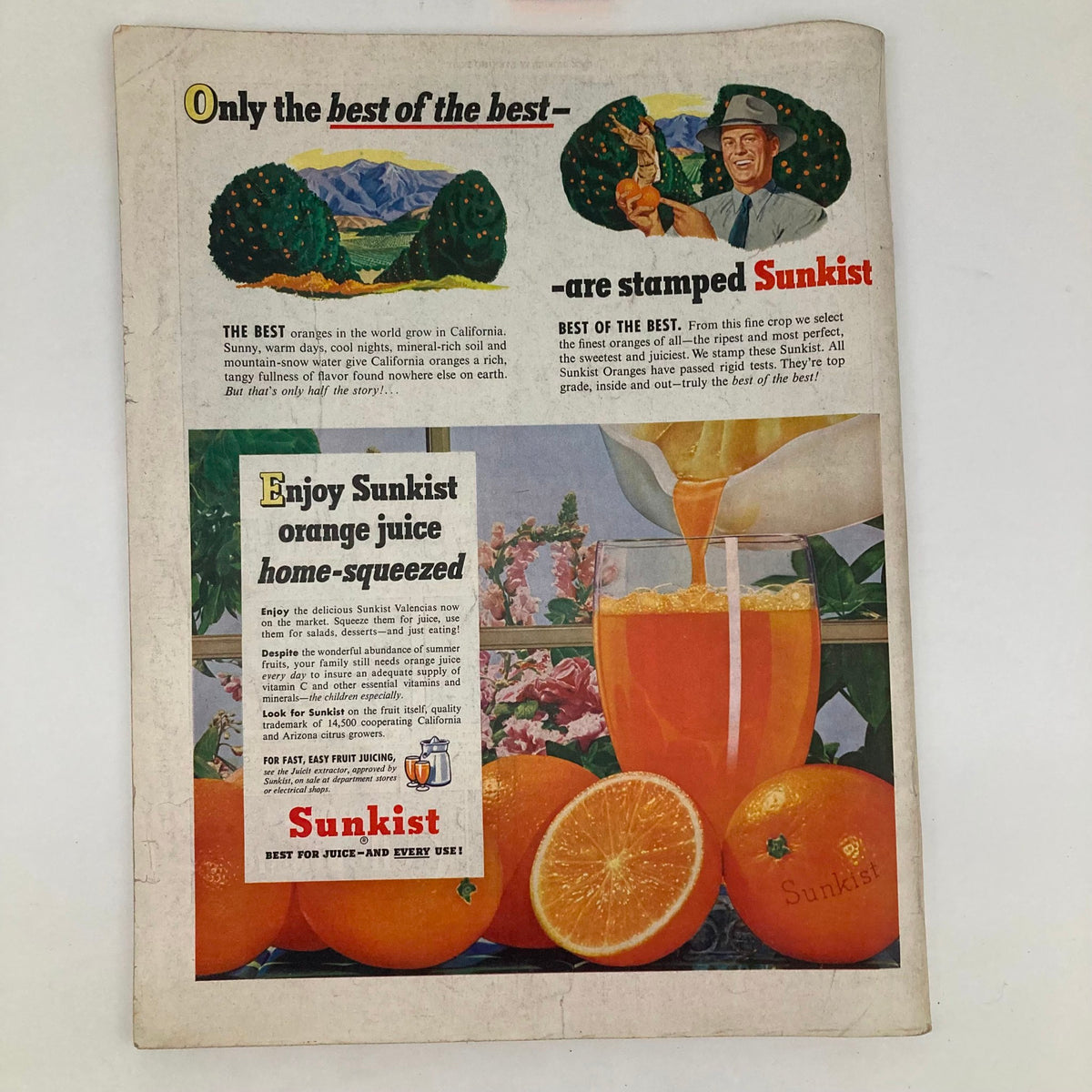 Sunkist advertisement featuring oranges and orange juice, showcasing quality with the tagline 'Only the best of the best - are stamped Sunkist'. Includes a glass of fresh orange juice, depicting home-squeezed freshness. Saturday Evening Post June 9 1951 Illustrated Cover by John Clymer Magazine.
