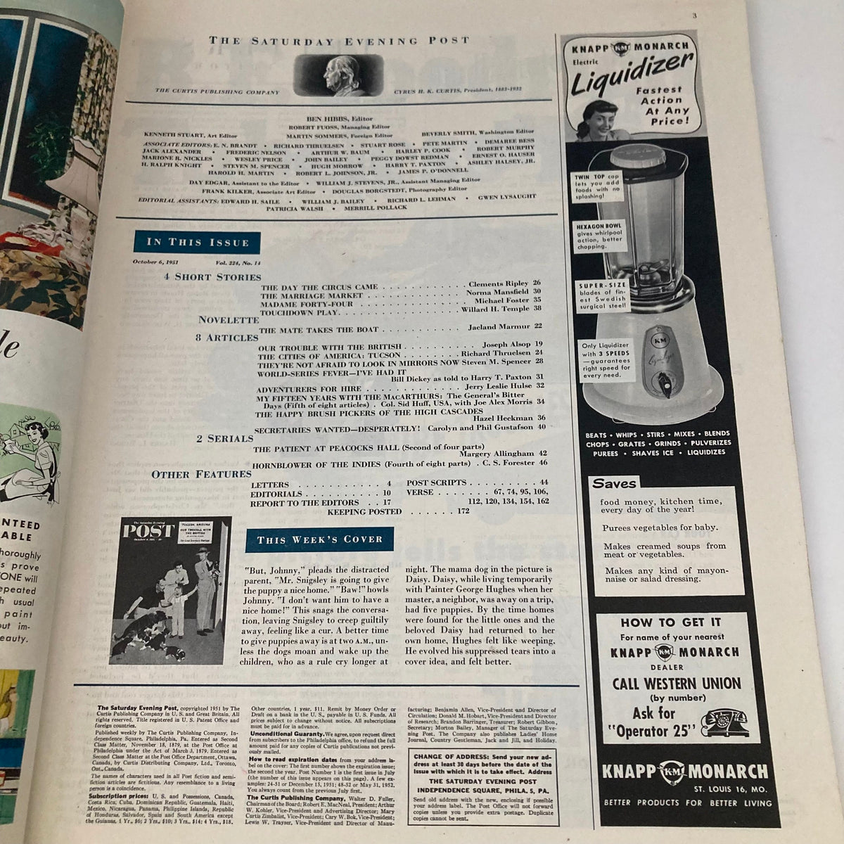Inside page of the Saturday Evening Post magazine from October 6, 1951, showcasing the table of contents and highlights of the issue, emphasizing its vintage appeal.