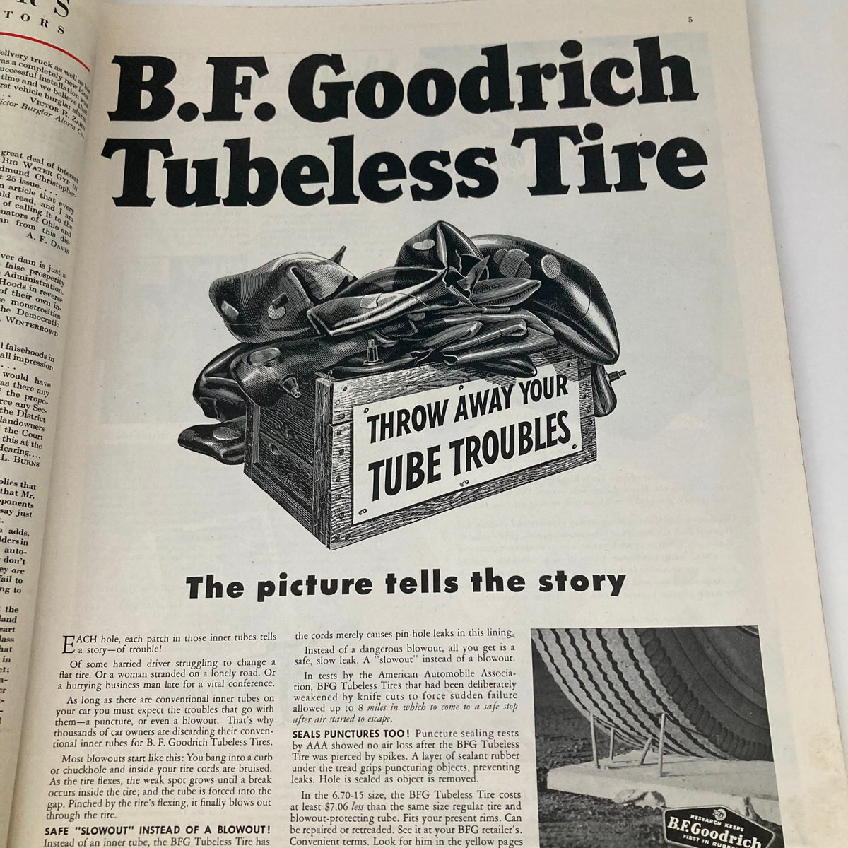 Advertisement page for B.F. Goodrich Tubeless Tire featured in the Saturday Evening Post magazine, October 6, 1951, illustrating a collection of tires and promotional text.