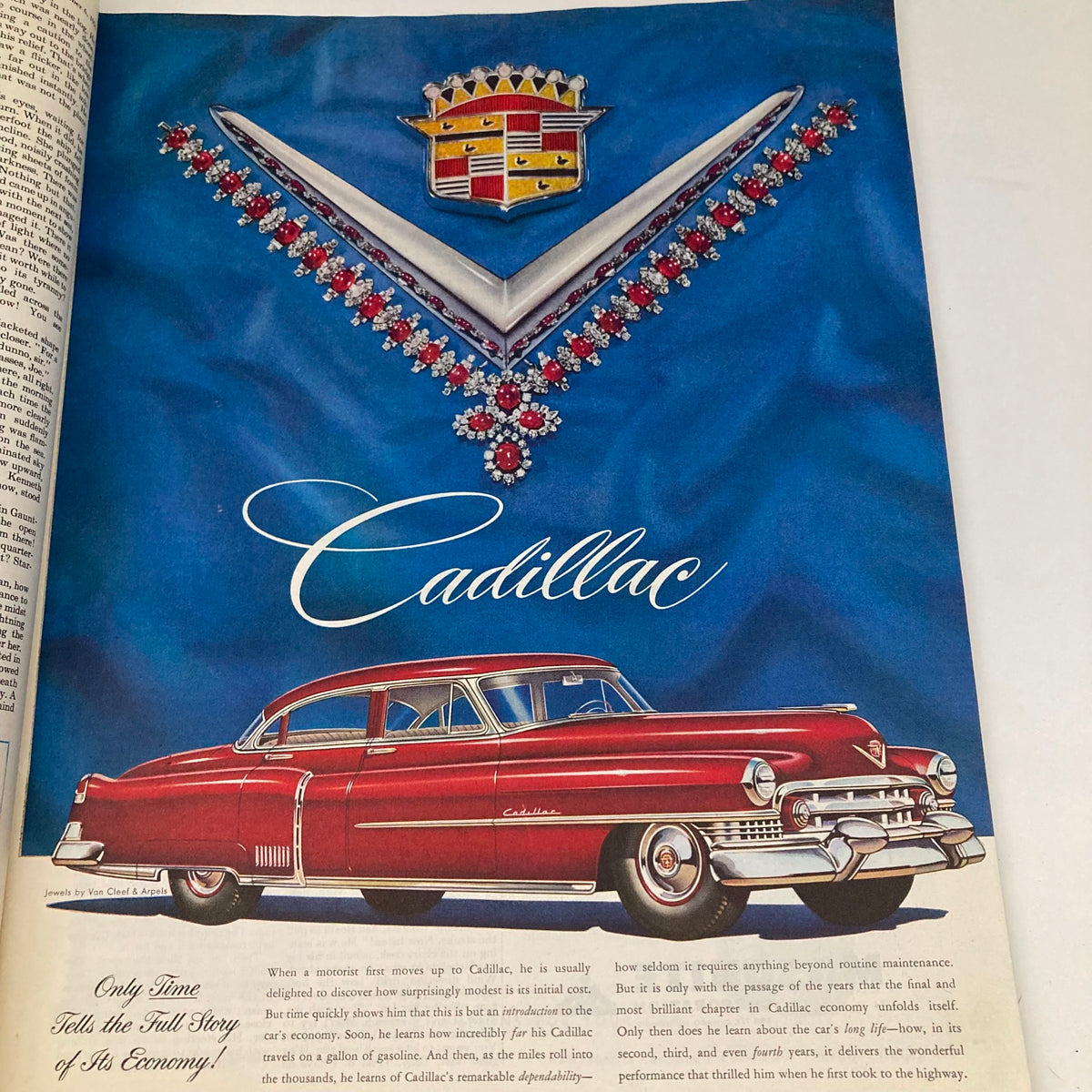Colorful advertisement for Cadillac in the Saturday Evening Post magazine, October 6, 1951, displaying a vintage car against a blue backdrop adorned with jewelry-like embellishments.