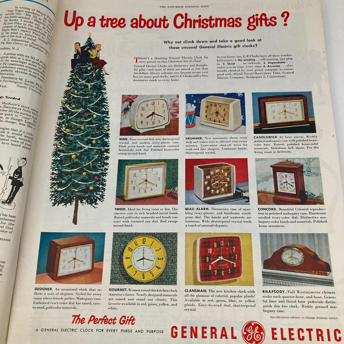 Advertisement for General Electric clocks in the Saturday Evening Post December 8 1951, showcasing Christmas gift ideas with a festive tree in the background.