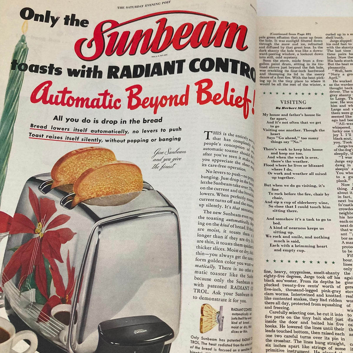 Advertisement for Sunbeam toasters with a Christmas theme in the Saturday Evening Post December 8 1951, displaying a stylish toaster and festive decorations.