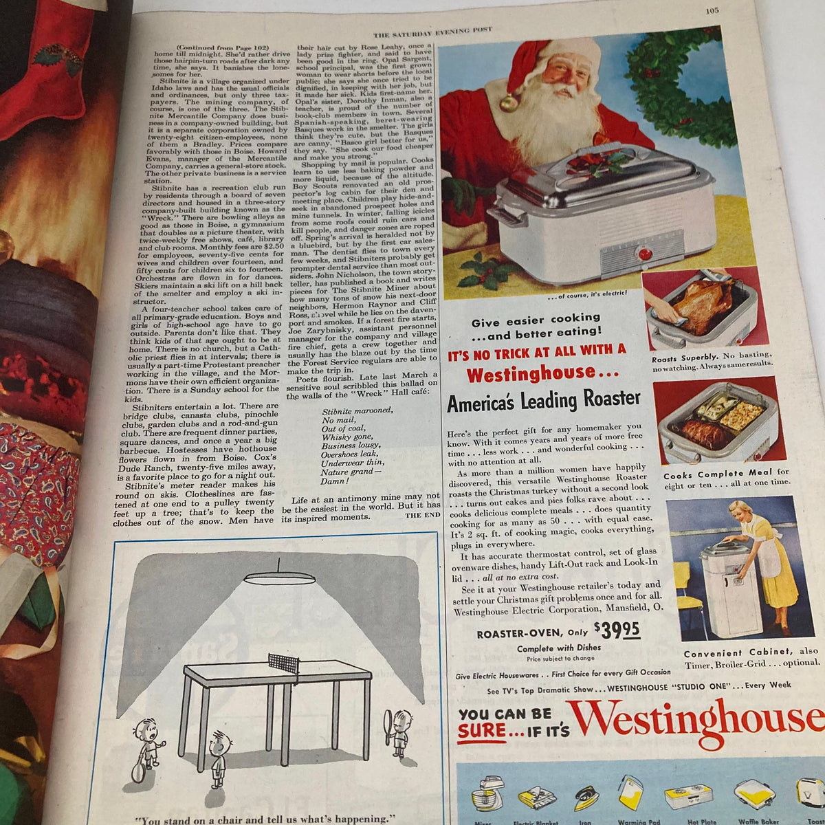Advertisement featuring a Westinghouse roaster with Santa Claus in the Saturday Evening Post December 8 1951, promoting holiday cooking solutions.