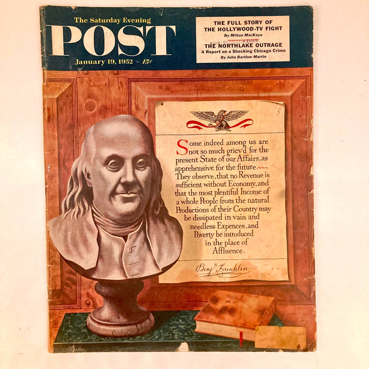Cover of Saturday Evening Post Magazine January 19 1952 featuring Benjamin Franklin by John Atherton with a bust of Franklin and a historical excerpt.