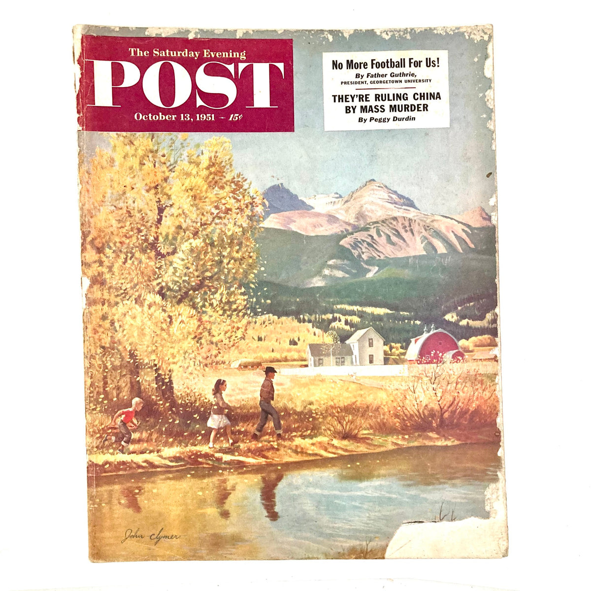 Cover of Saturday Evening Post October 13 1951 featuring an illustrated landscape by John Clymer with children walking beside a pond, showcasing mid-20th century Americana.