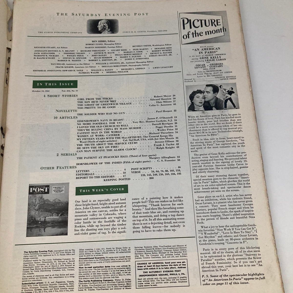 Interior page from Saturday Evening Post October 13 1951 depicting the contents of the magazine, including a feature on the cover art.
