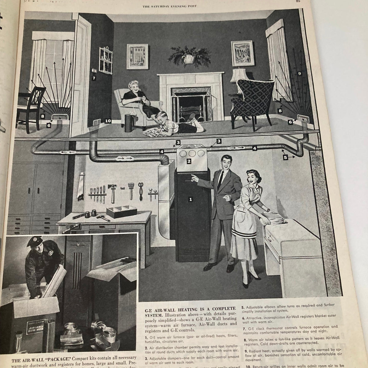 Interior illustration from the Saturday Evening Post October 13 1951 magazine, depicting a cozy home scene with characters showcasing the G-E Air-Wall heating system.