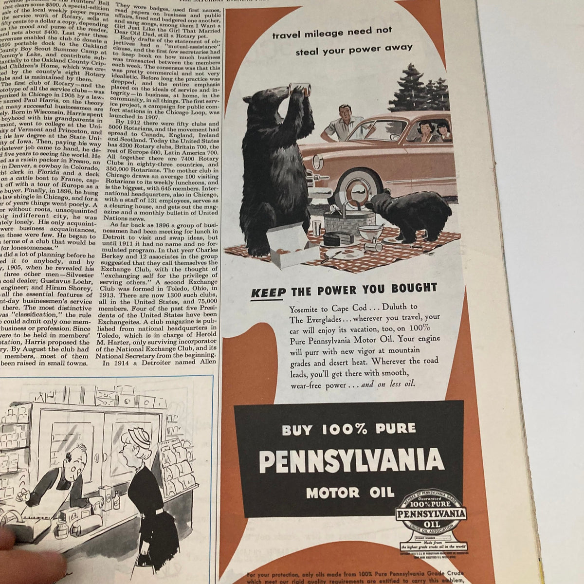 Vintage advertisement for 100% Pure Pennsylvania Motor Oil featured in the Saturday Evening Post October 13 1951 magazine, featuring a playful bear and a family by a car.