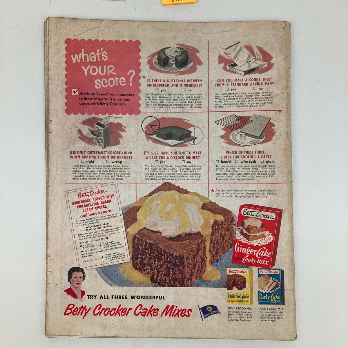 Betty Crocker cake mix advertisement from the Saturday Evening Post October 13 1951 magazine, highlighting ginger cake topped with cream and baking tips.
