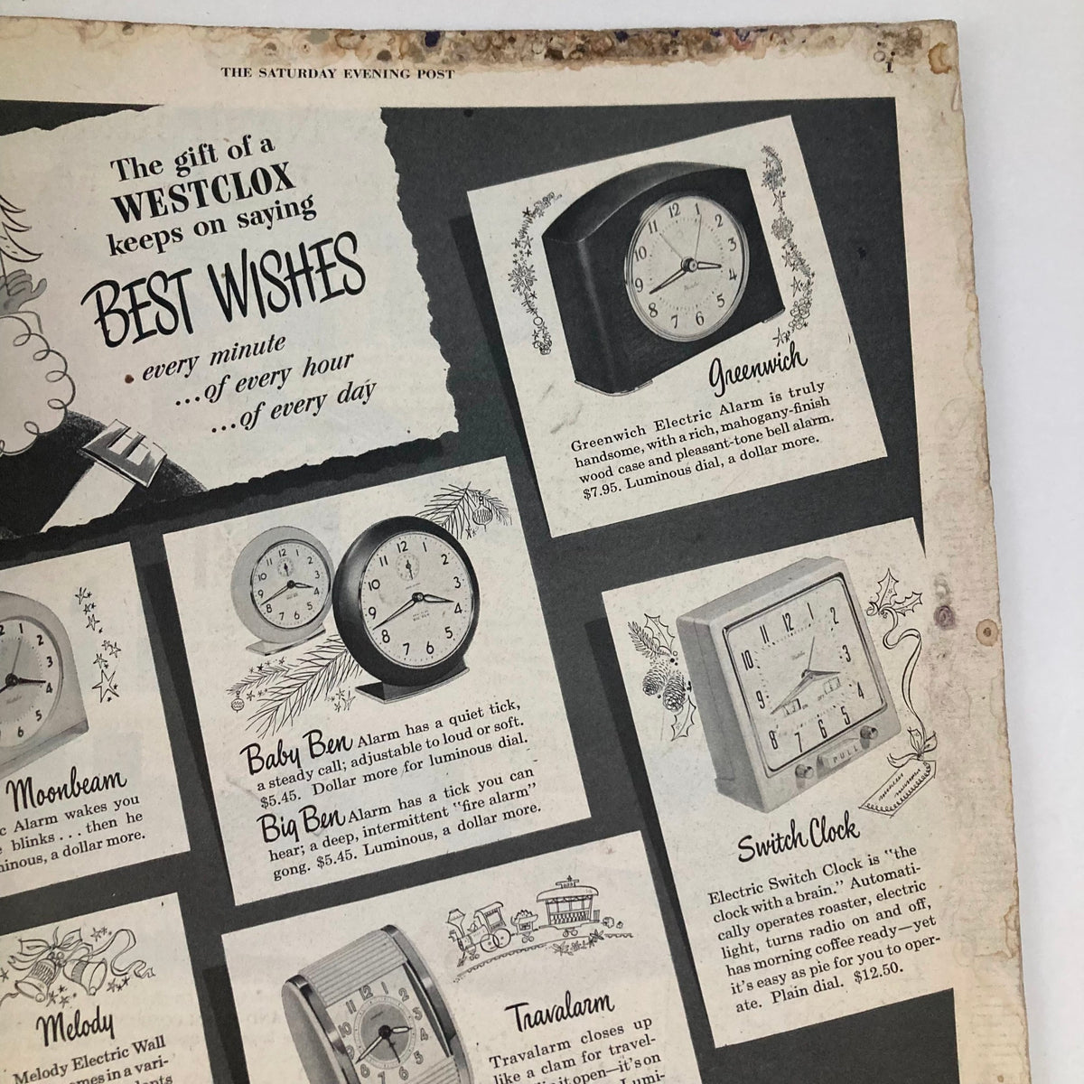Interior page of the Saturday Evening Post November 17, 1951, displaying vintage clock advertisements with prices and descriptions, reflecting the advertising style of the time.
