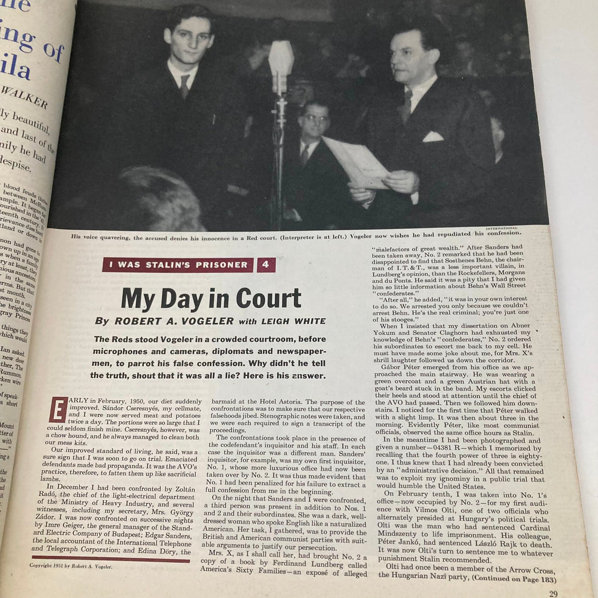 Article titled 'My Day in Court' in Saturday Evening Post November 17 1951 detailing experiences of Robert A. Vogeler.