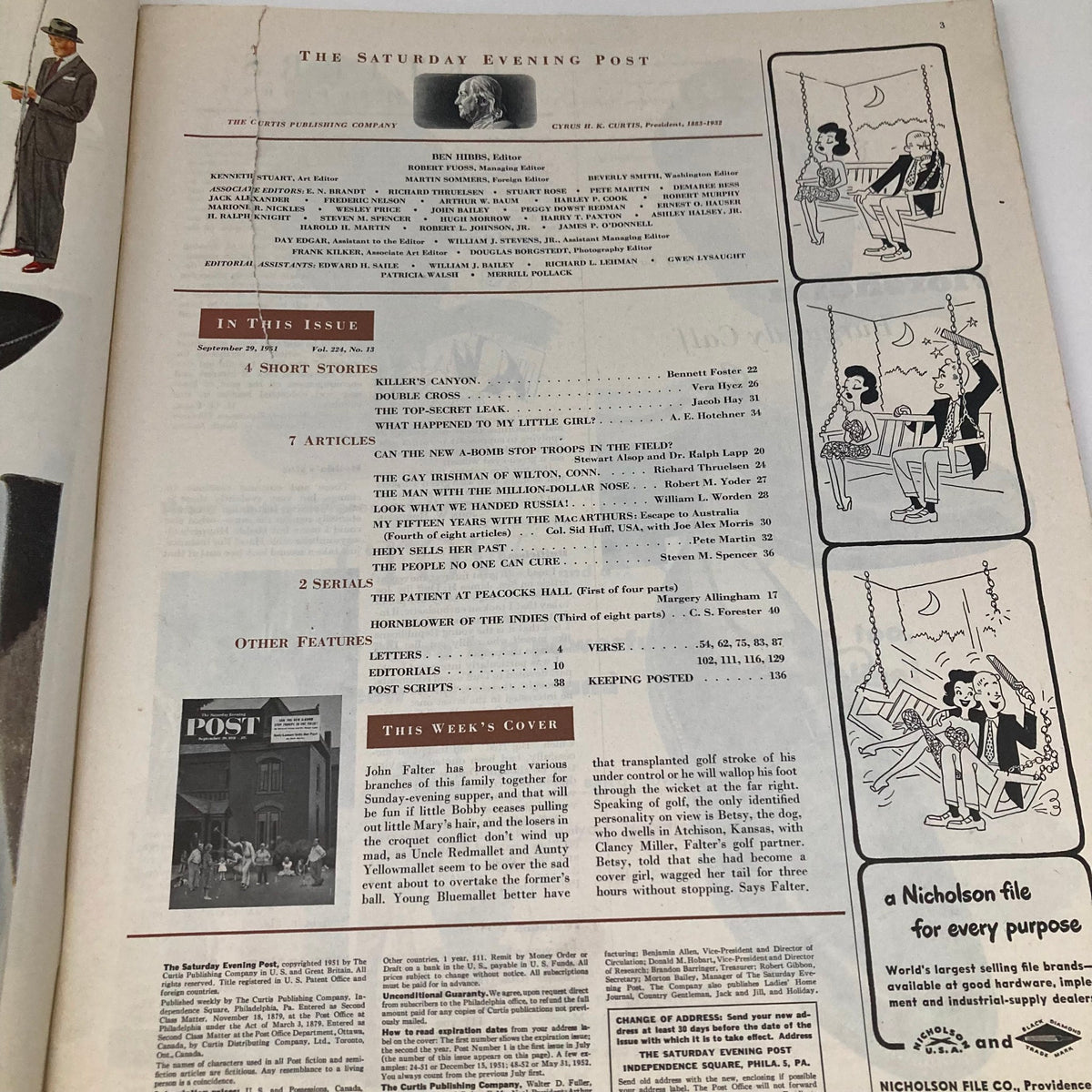 Contents page of the Saturday Evening Post September 29 1951, listing articles and short stories from the issue, highlighting the magazine's editorial team.