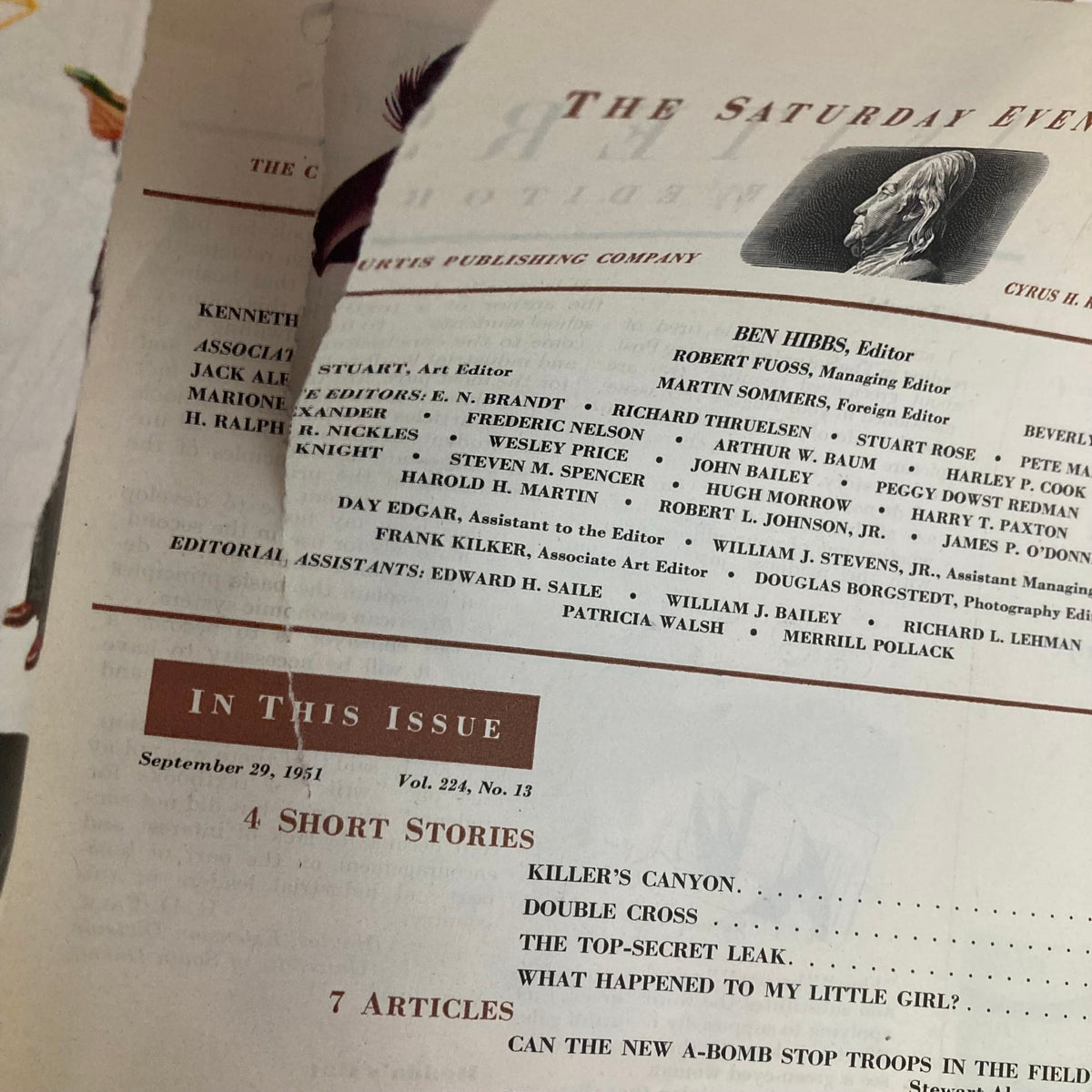 Details from the Saturday Evening Post September 29 1951, showcasing the contents section with titles of featured stories and illustrations, capturing vintage magazine design.
