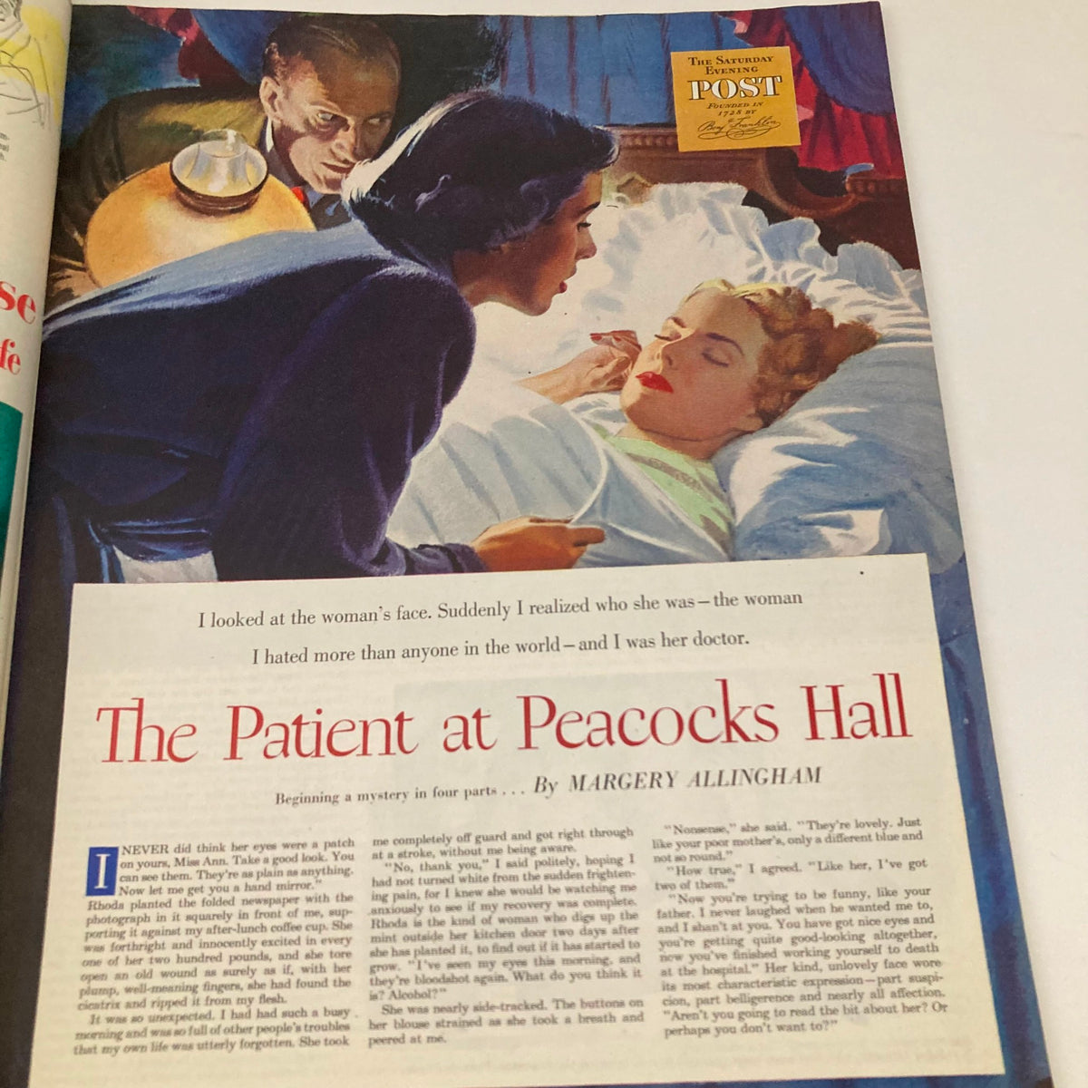 Illustrated page from the Saturday Evening Post September 29 1951, featuring a suspenseful scene from 'The Patient at Peacocks Hall,' by Margery Allingham.