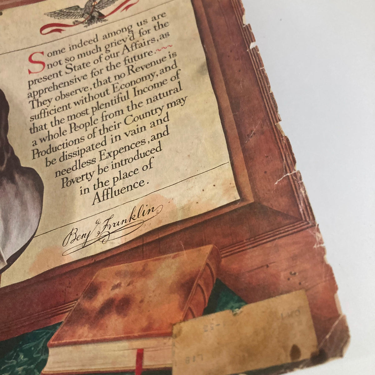 Close-up of the artwork on the cover of Saturday Evening Post Magazine January 19 1952, showcasing Benjamin Franklin with an excerpt from his writings.