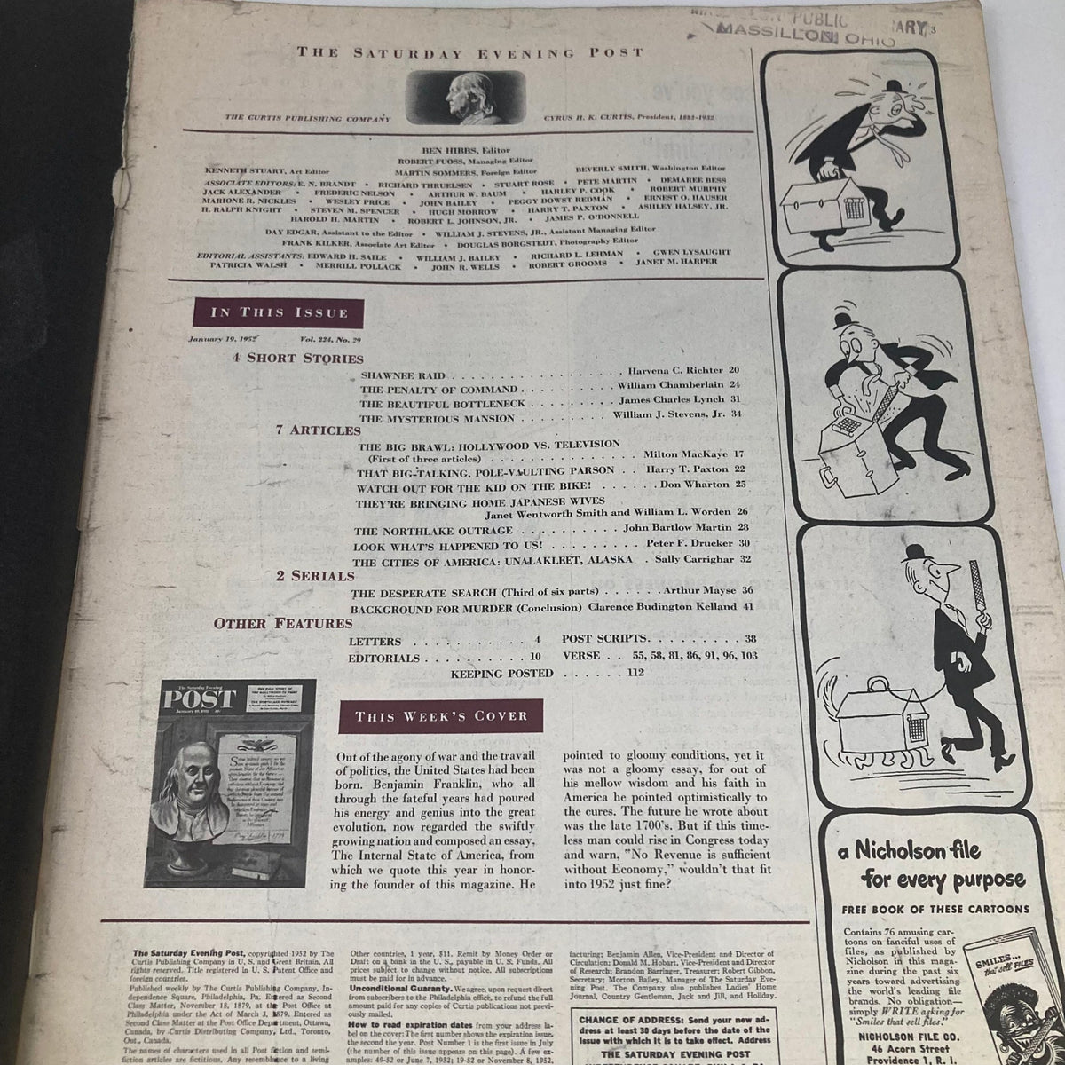 Back cover view of Saturday Evening Post Magazine January 19 1952 displaying the magazine's contents, including articles and features related to Benjamin Franklin.