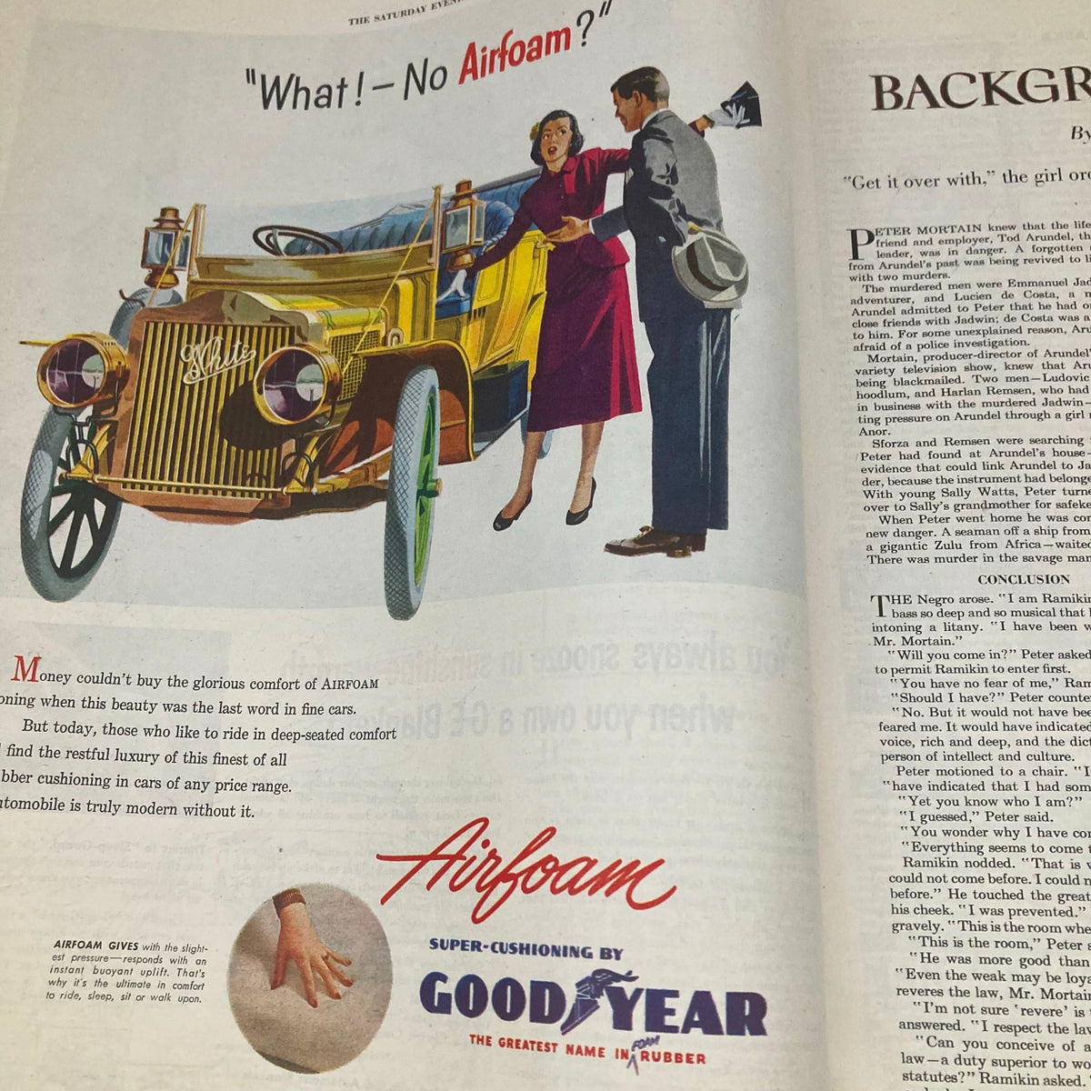 Saturday Evening Post January 19 1952 featuring an advertisement for Goodyear Airfoam with a couple discussing the luxury and comfort of a vintage car.