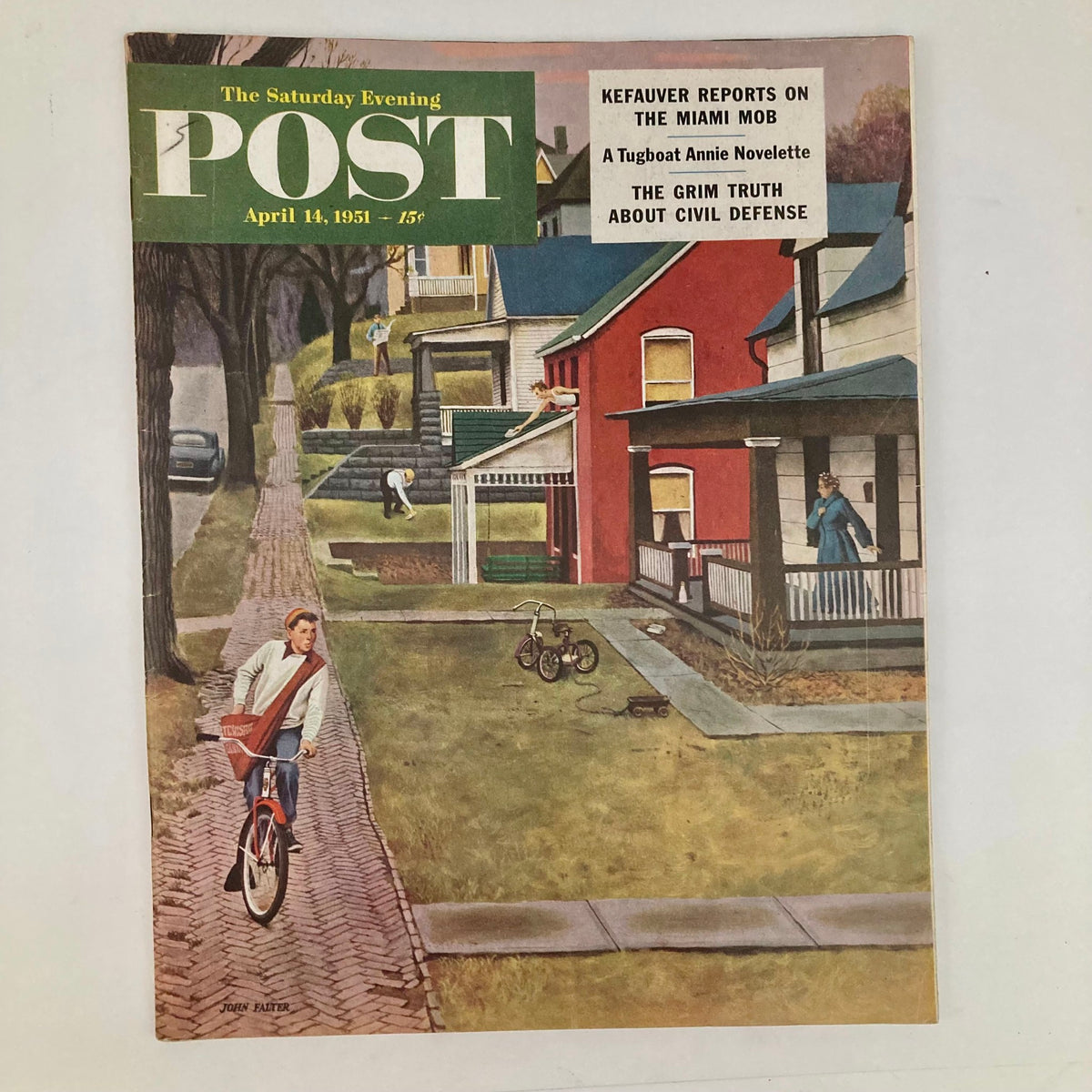 Cover of Saturday Evening Post Magazine dated April 14, 1951, featuring an illustration by John Falter showcasing a young boy biking down a tree-lined street with picturesque houses.