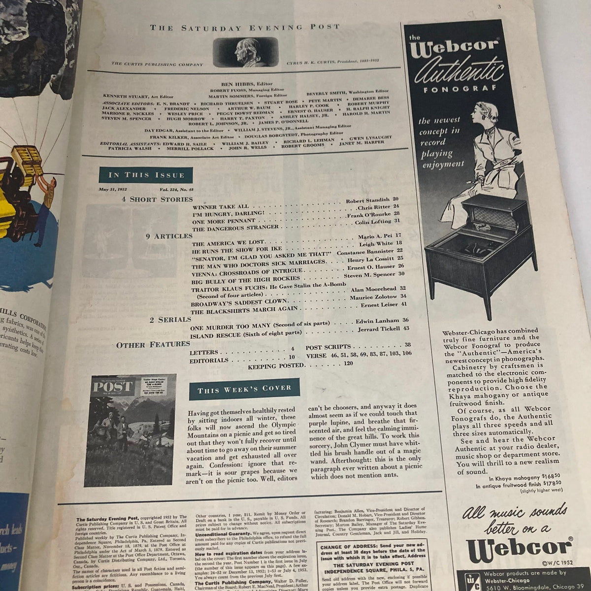 Interior page of the Saturday Evening Post Magazine dated May 31, 1952, displaying the table of contents and features from that issue.