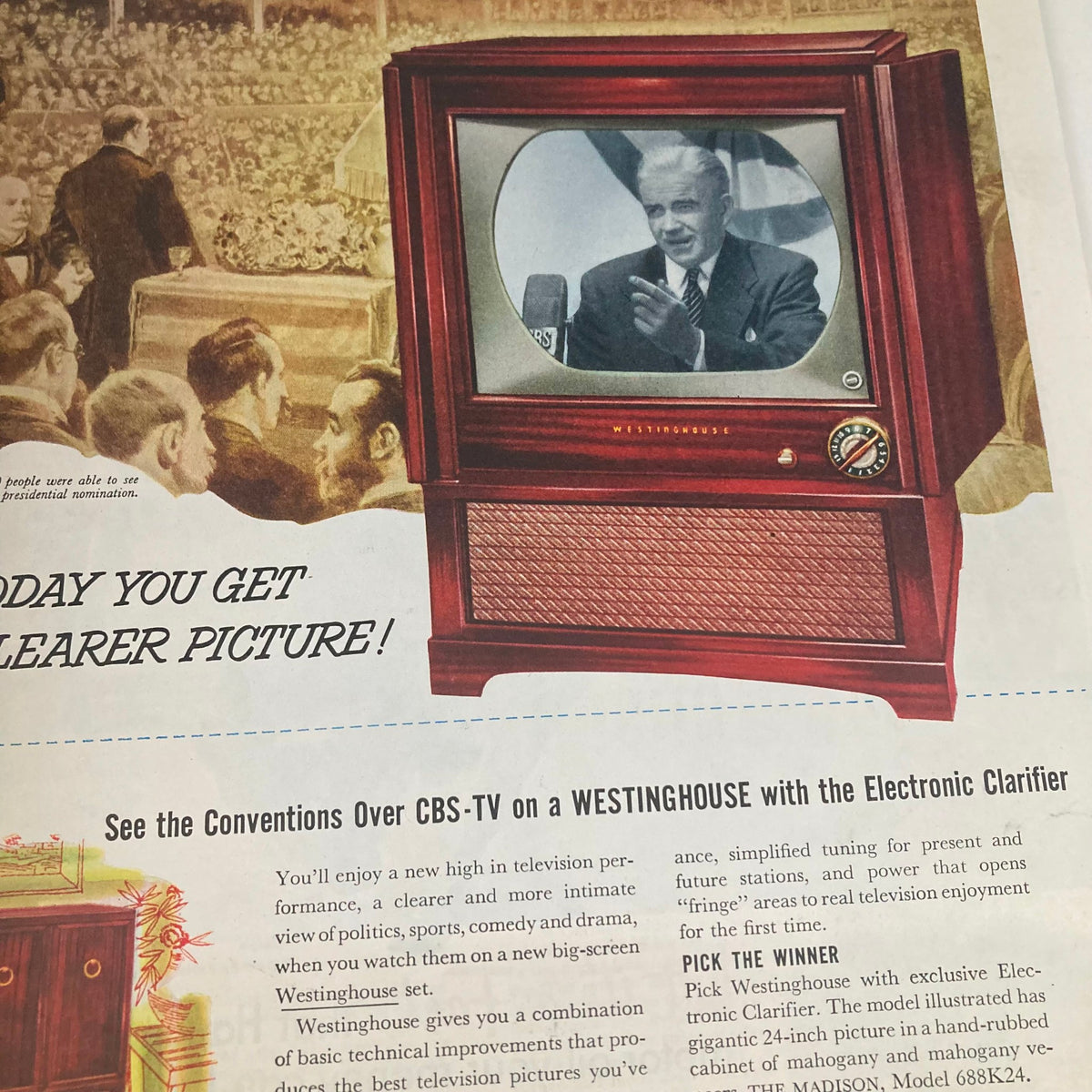 Vintage advertisement in Saturday Evening Post Magazine May 31 1952 featuring a Westinghouse television, emphasizing the advancements in television technology of the era.