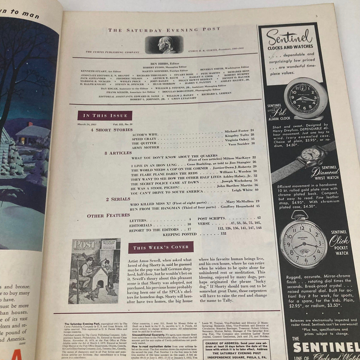 Inside page of the Saturday Evening Post Magazine March 24, 1951, showcasing the table of contents and articles, including the illustrated cover by Amos Sewell.