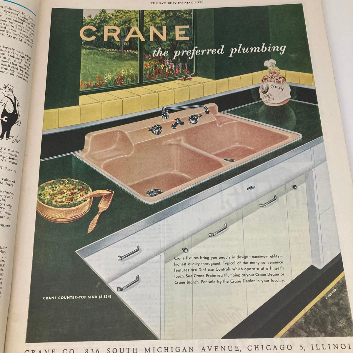 An advertisement in the Saturday Evening Post Magazine March 24, 1951, featuring a plumbing sink design by Crane, highlighting its aesthetic and functional qualities.