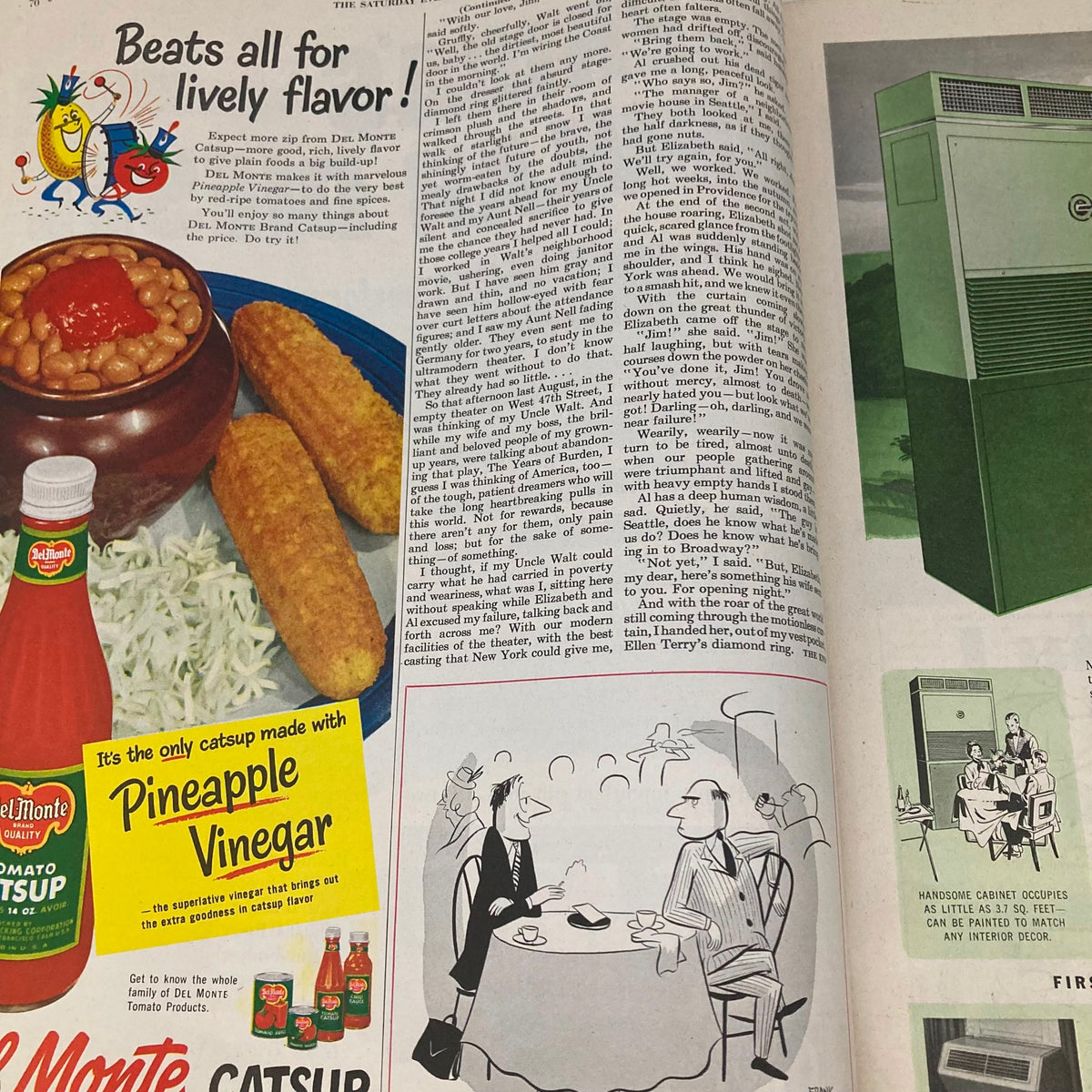 Page from the Saturday Evening Post Magazine March 24, 1951, showcasing an advertisement for Del Monte Catsup with a colorful food illustration, along with text.
