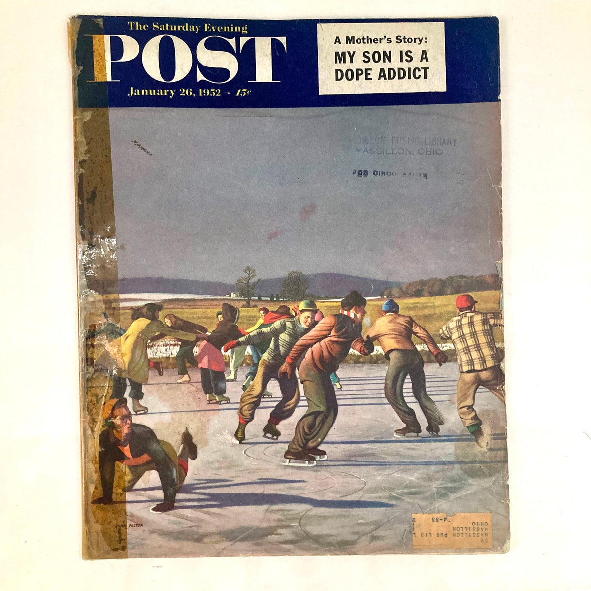 Cover of Saturday Evening Post Magazine dated January 26, 1952, featuring a vibrant illustration of people ice skating on a frozen pond, showcasing mid-20th century American winter recreation.