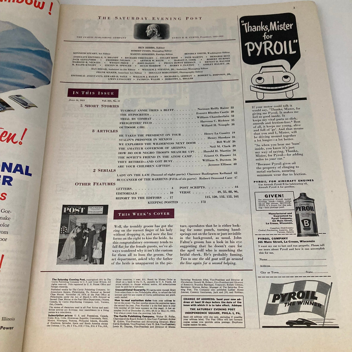 Interior page of the Saturday Evening Post Magazine June 16 1951, showcasing the table of contents and illustrations, reflecting the magazine's layout and design of the early 1950s.