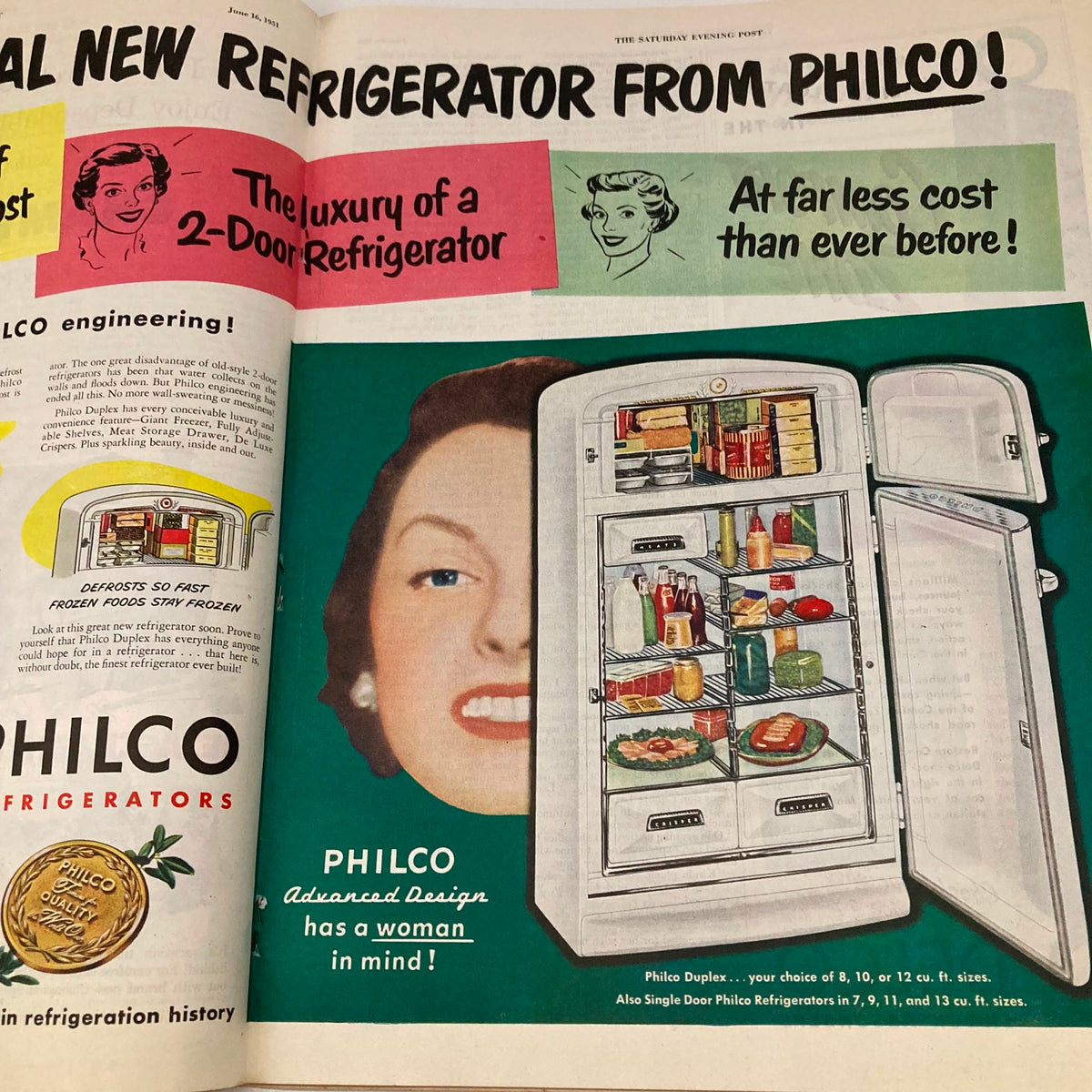 Advertisement page from the Saturday Evening Post Magazine June 16 1951, promoting Philco refrigerators, showcasing vintage design and features that reflect lifestyle changes in mid-20th century American homes.