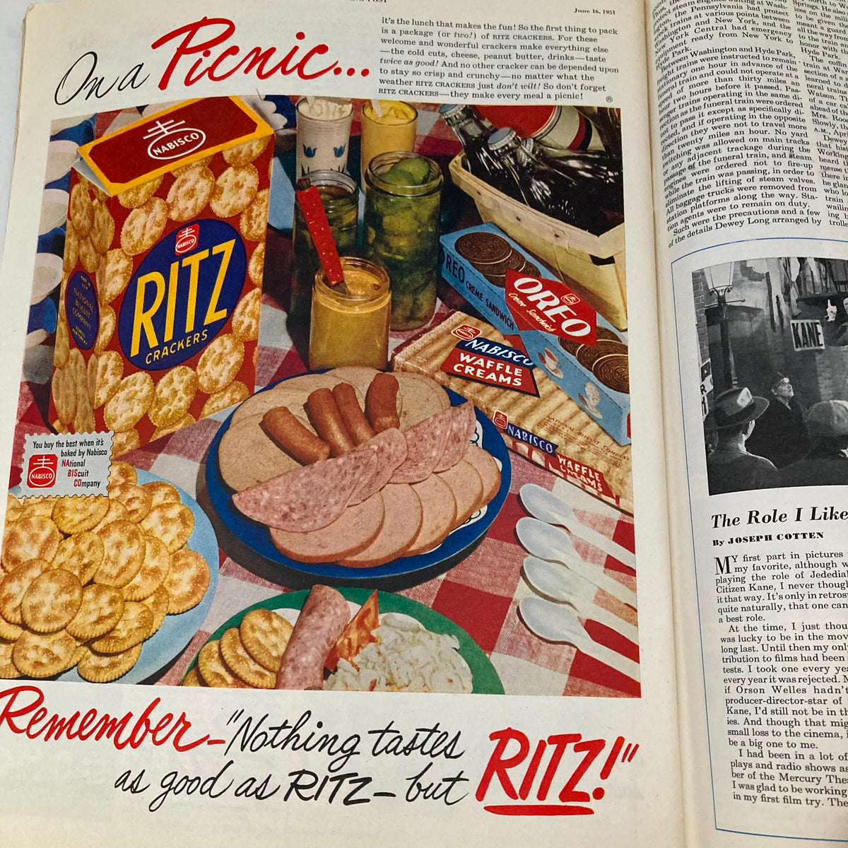 Saturday Evening Post Magazine June 16 1951 illustrated advertisement featuring a picnic setup with Ritz crackers and various food items. The cover art depicts a classic mid-century American picnic scene.