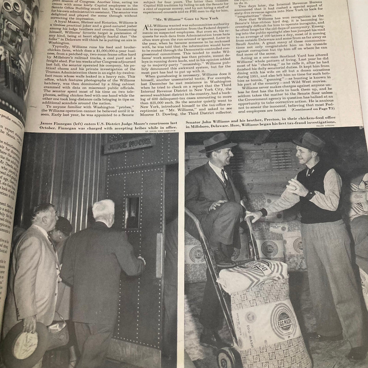 Photographic depiction of James Finnegan entering a courthouse, paired with a report on political rumors from the Saturday Evening Post Magazine March 1, 1952.