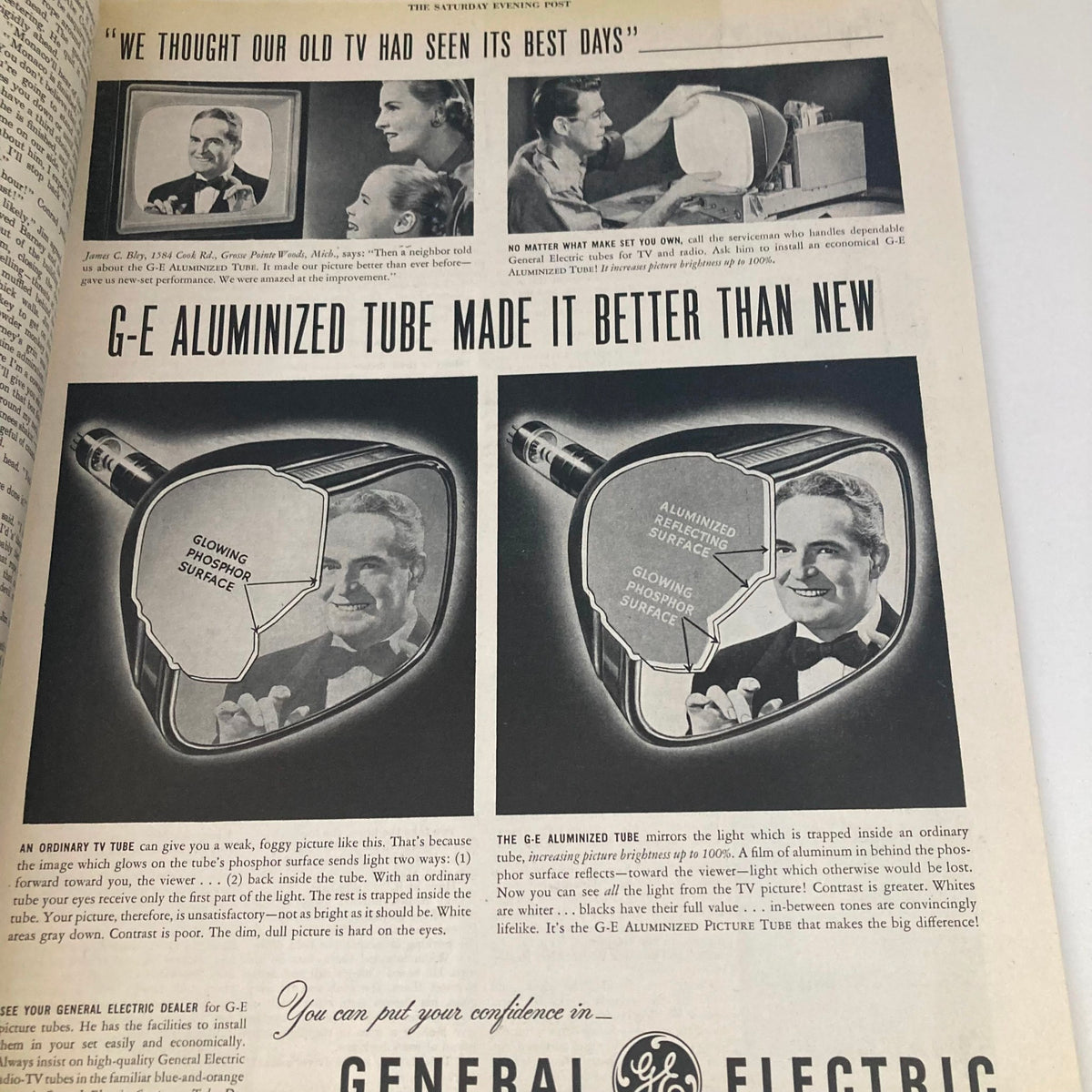 Advertisement from the Saturday Evening Post Magazine March 1 1952 featuring G-E Aluminized Tube, illustrating improvements in television picture quality with visual comparisons.