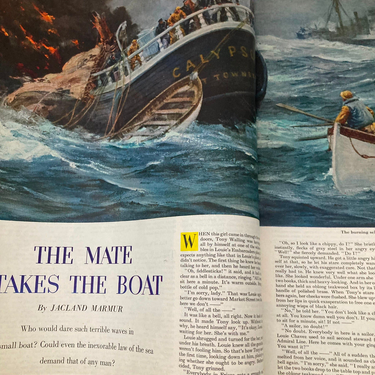 Illustrated page of Saturday Evening Post Magazine October 6, 1951 depicting the story 'The Mate Takes the Boat' with dramatic maritime imagery.