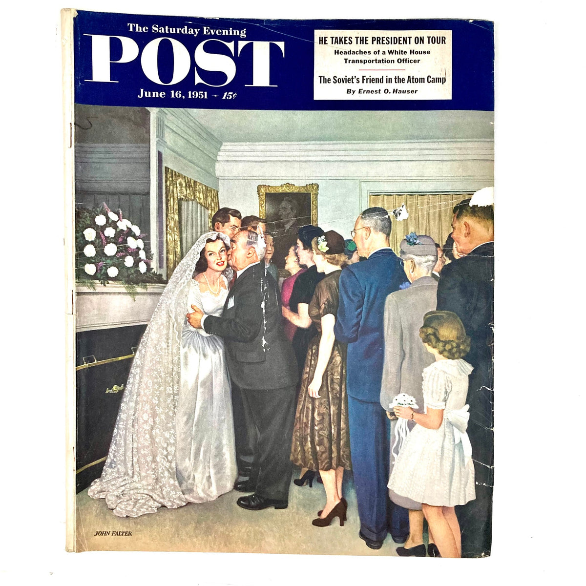 Vintage magazine cover of Saturday Evening Post from June 16, 1951, featuring an illustrated wedding scene by John Falter, showcasing early 1950s American social celebrations.
