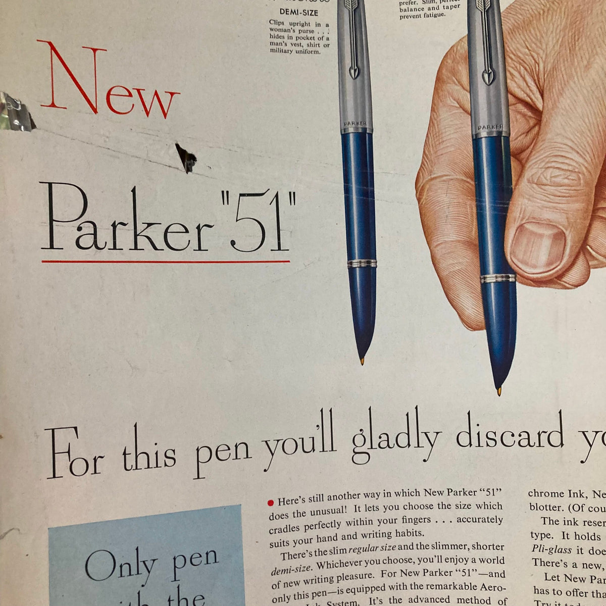 Advertisement for the New Parker '51 pen featured inside the Saturday Evening Post, June 16, 1951, emphasizing writing comfort and modern design.