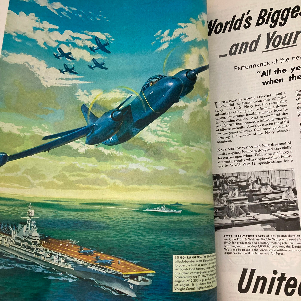 Illustration of a Navy aircraft flying over the ocean in the Saturday Evening Post magazine dated June 16, 1951, showcasing military aviation advancements during the post-World War II period.