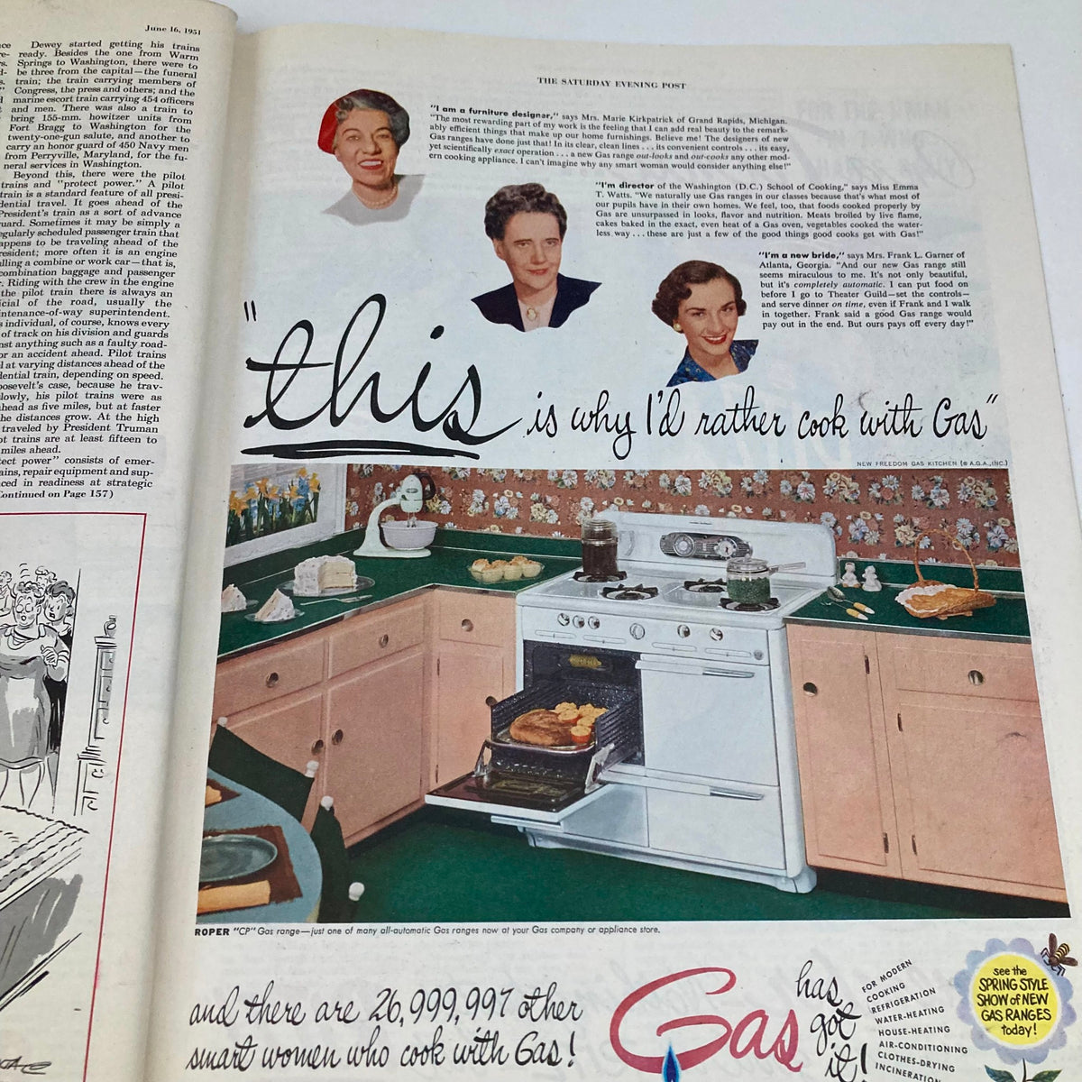 Saturday Evening Post June 16 1951 illustration featuring women discussing cooking with gas, with a vintage kitchen setting showcasing a Roper gas range.