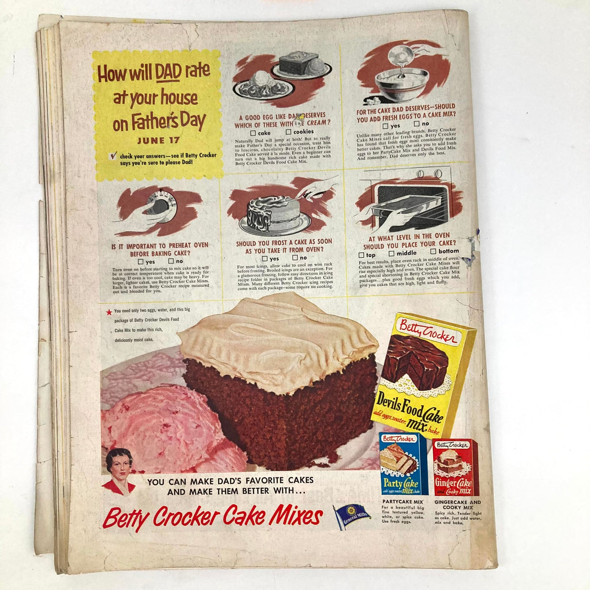 Saturday Evening Post June 16 1951 advertisement page for Betty Crocker cake mixes, highlighting baking tips for Father's Day and featuring a large cake with frosting.