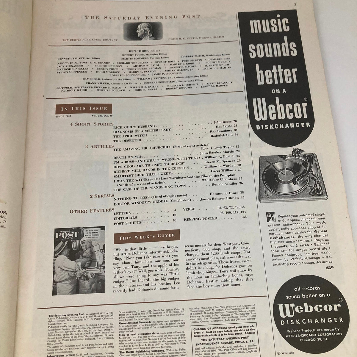 Interior page of the Saturday Evening Post Magazine April 5 1952, highlighting the magazine's usual layout, featuring editorial notes and advertisements.