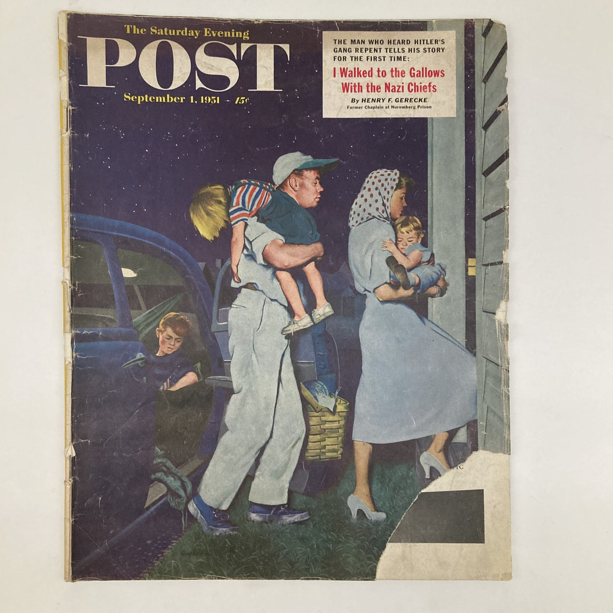Cover of the Saturday Evening Post Magazine September 1, 1951, featuring a family scene with children, showcasing a nostalgic 1950s illustration by G. Hughes.