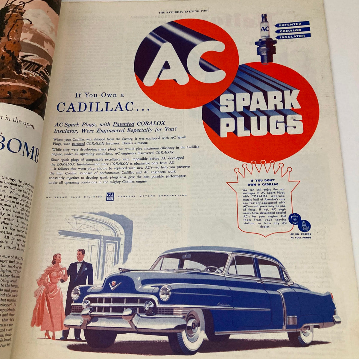 Advertisement for AC Spark Plugs in the Saturday Evening Post Magazine September 1, 1951, showcasing a classic Cadillac and vintage automotive technology.