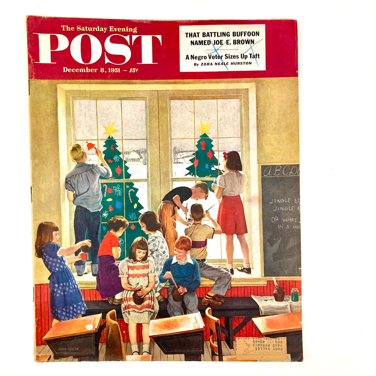Cover of the Saturday Evening Post Magazine December 8, 1951, illustrated by John Falter, showcasing children decorating a classroom for Christmas with festive decorations in front of large windows.