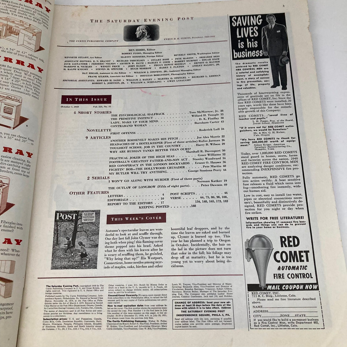 Inside page of the Saturday Evening Post Magazine, outlining articles and features from the October 7, 1950 issue, including references to the cover illustration by John Clymer.