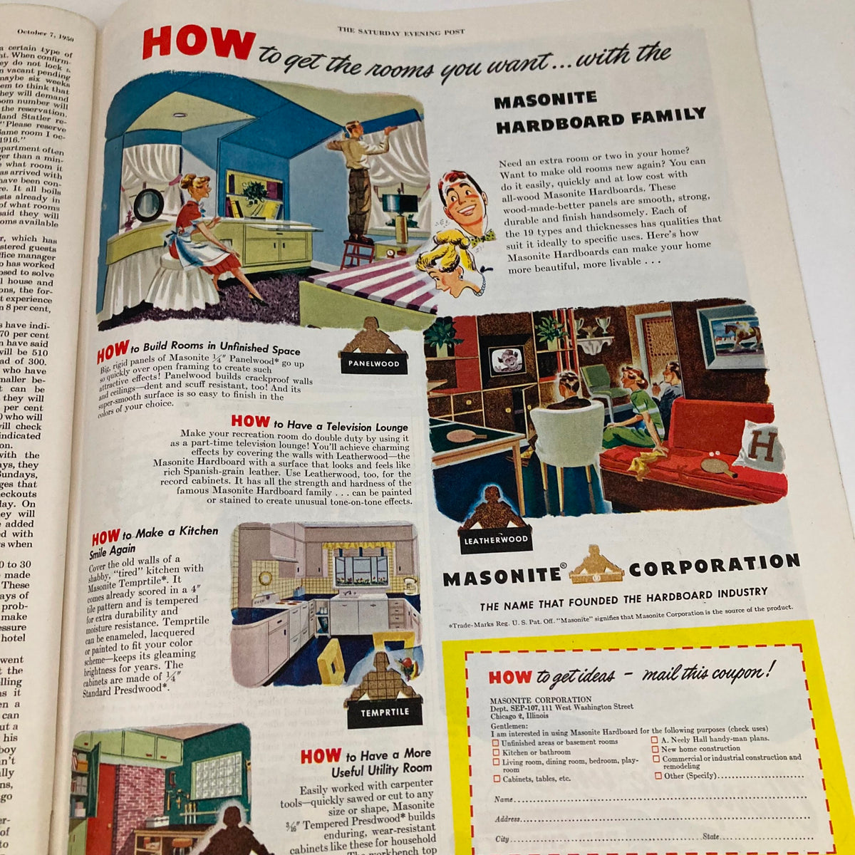 Saturday Evening Post October 7 1950 Illustrated Cover by John Clymer displaying a colorful advertisement for Masonite Hardboard, promoting home improvement ideas suitable for the 1950s.