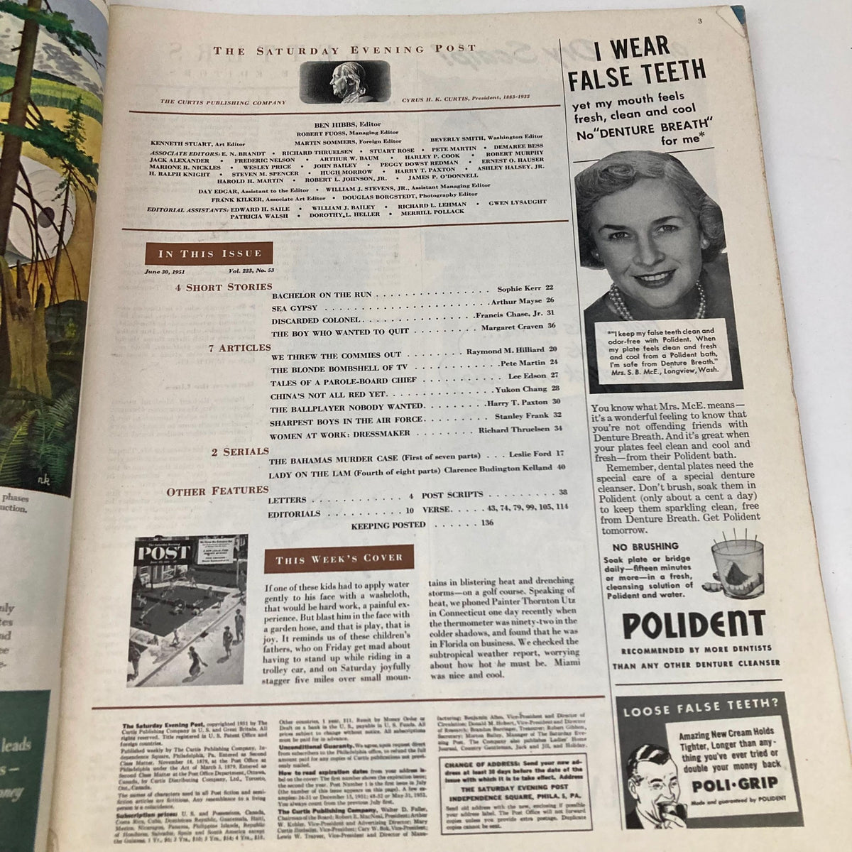 Interior page of the Saturday Evening Post Magazine, June 30, 1951, displaying contents and advertisements, including a section about the cover story.