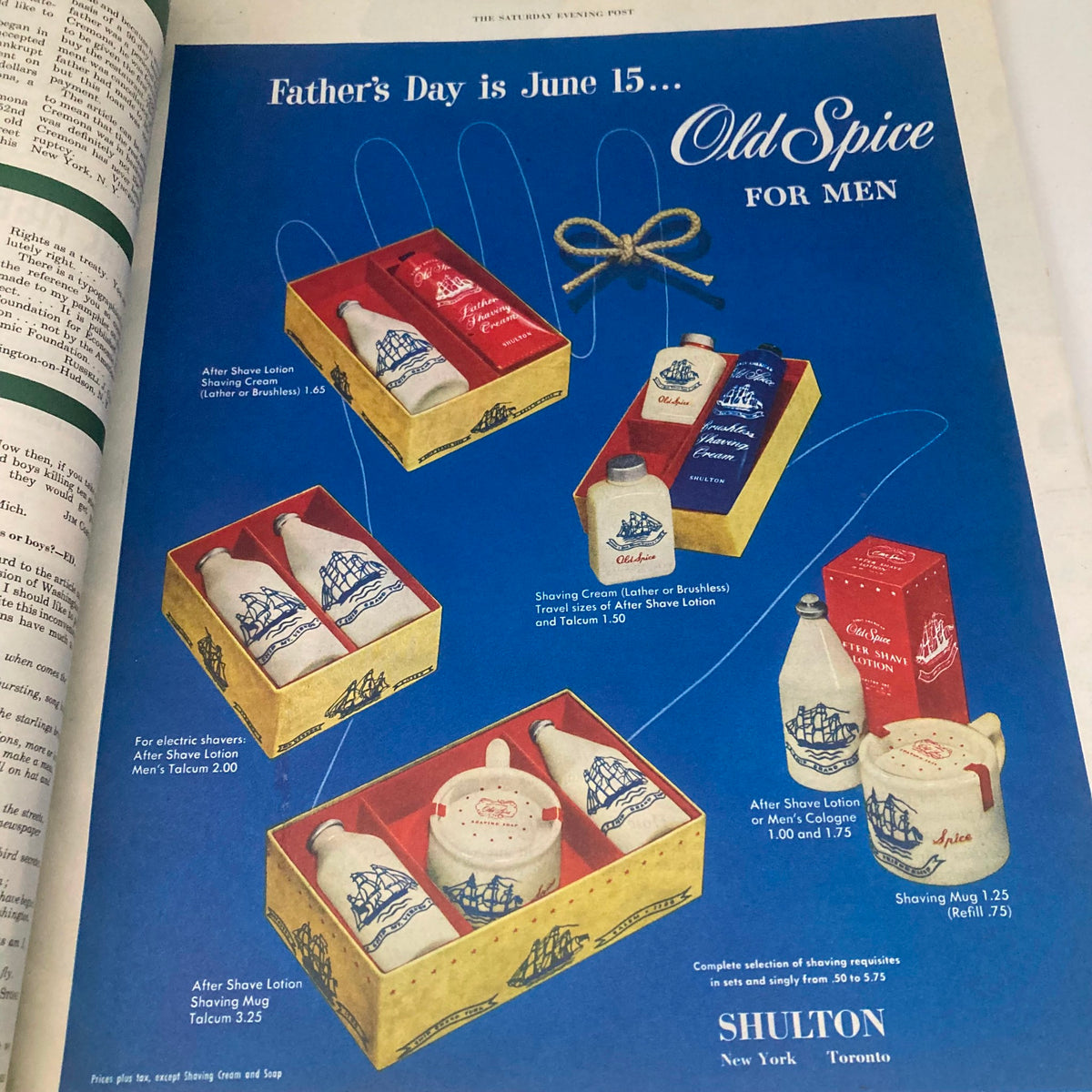 Vintage advertisement for Old Spice men's grooming products featured in the Saturday Evening Post Magazine May 31 1952. The ad displays products in decorative boxes, emphasizing Father's Day gifts.