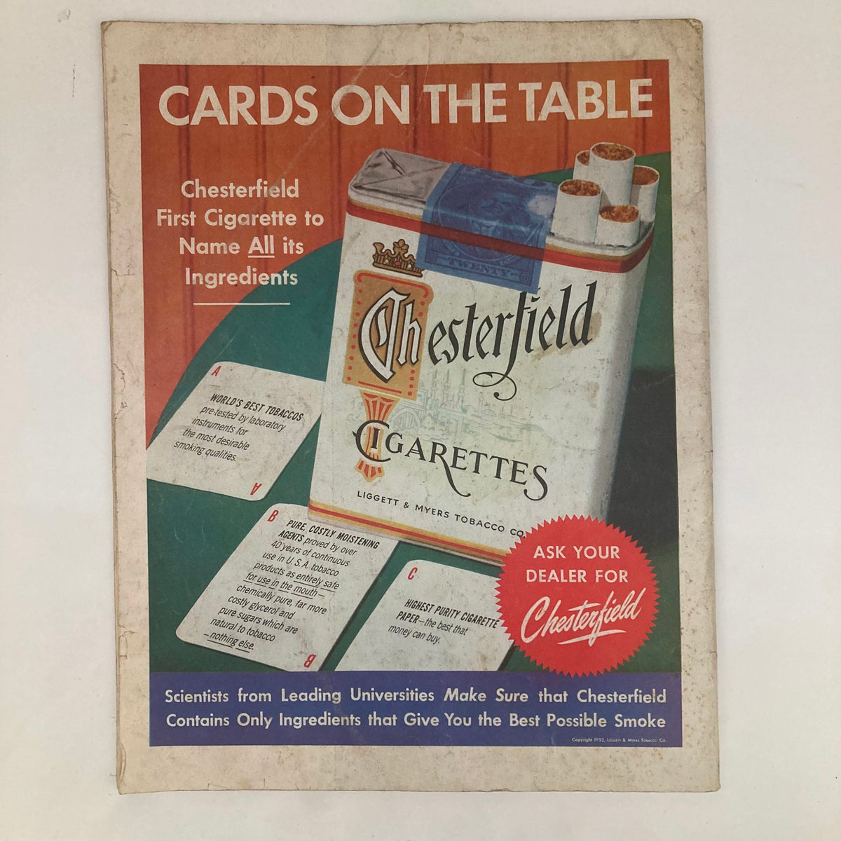 Chesterfield cigarette advertisement highlighting its ingredients featured in the Saturday Evening Post Magazine May 31 1952. The ad presents the cigarette packaging along with text emphasizing quality and science behind the product.