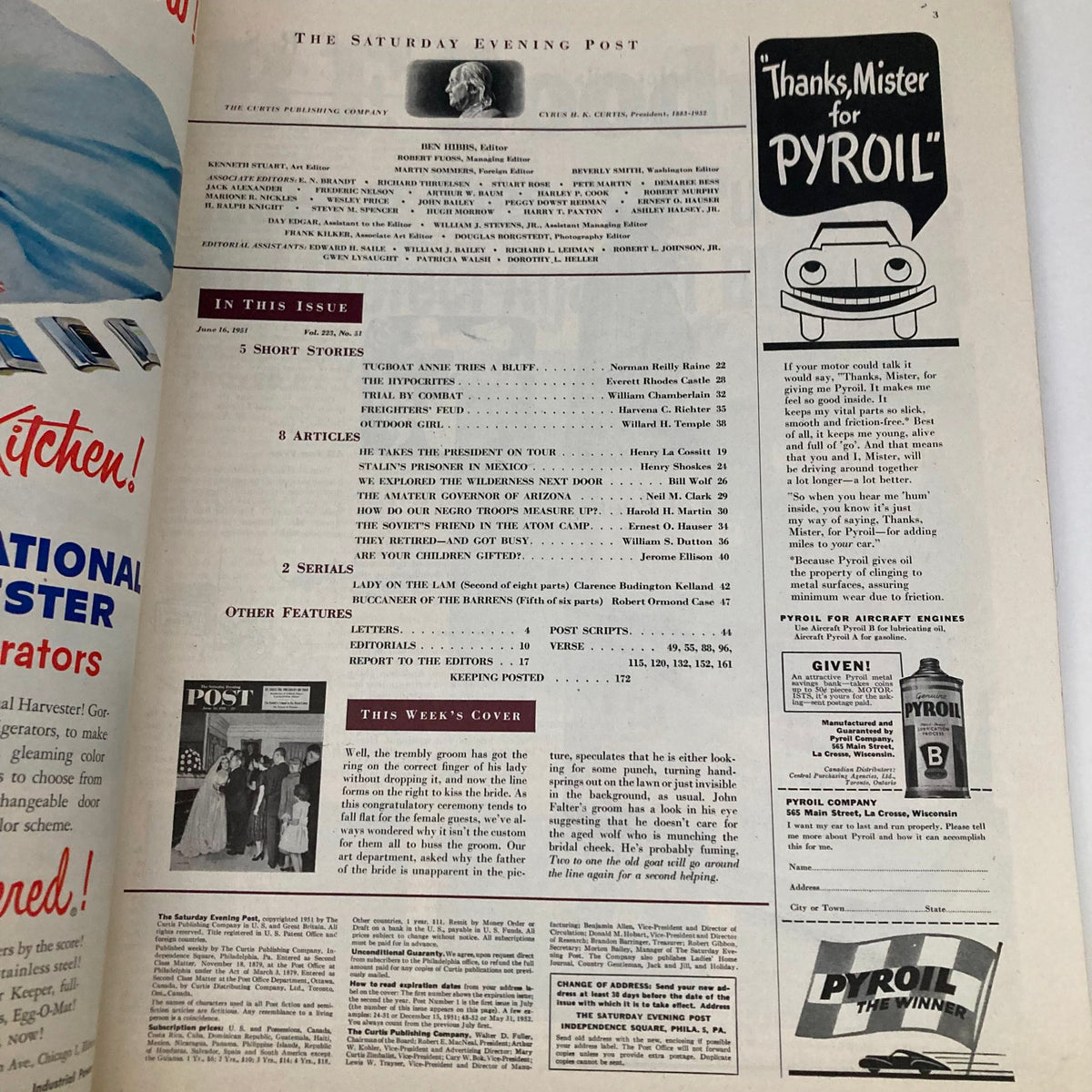 Interior page of the Saturday Evening Post Magazine June 16, 1951, displaying the table of contents and articles featured in this issue.